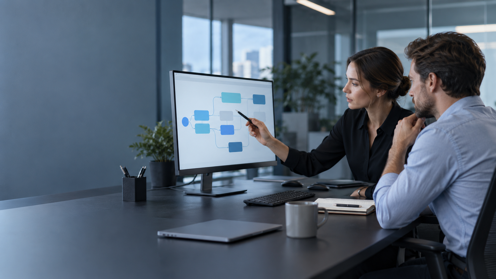 Руководитель сервиса обсуждает рабочий процесс CRM с коллегой